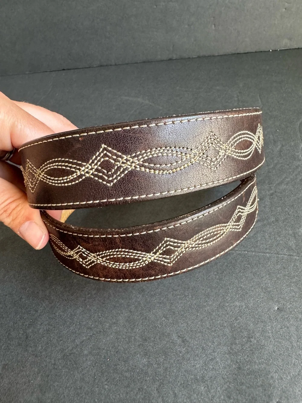 Vintage Brown Leather Belt Stitched Western Detail Unisex Womens Medium